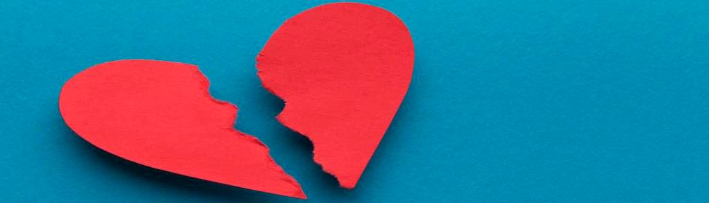 Sign of divorce. Broken paper heart on blue background, top view, copy space